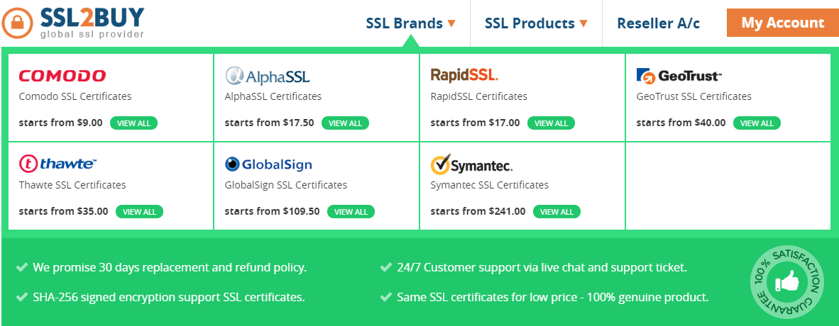 Global range of SSL certificates